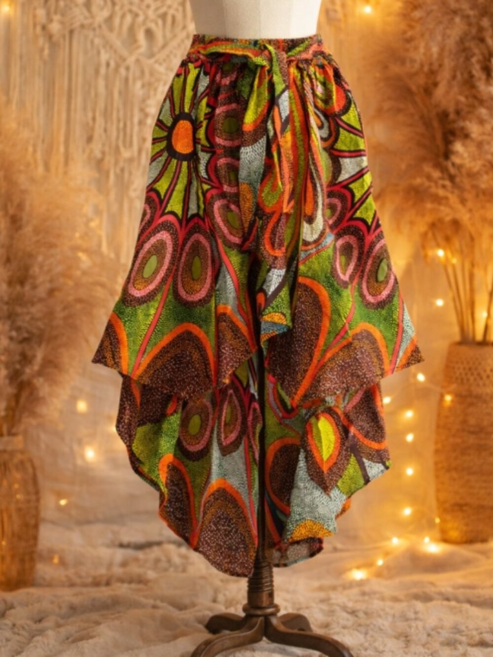 Whimsical Floral High Low Skirt XL Boho Festival Vibrant Art-to-Wear Artsy